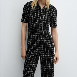 Mango Short Sleeve Tweed Collared Wide Leg Jumpsuit - Black & White - NWOT
